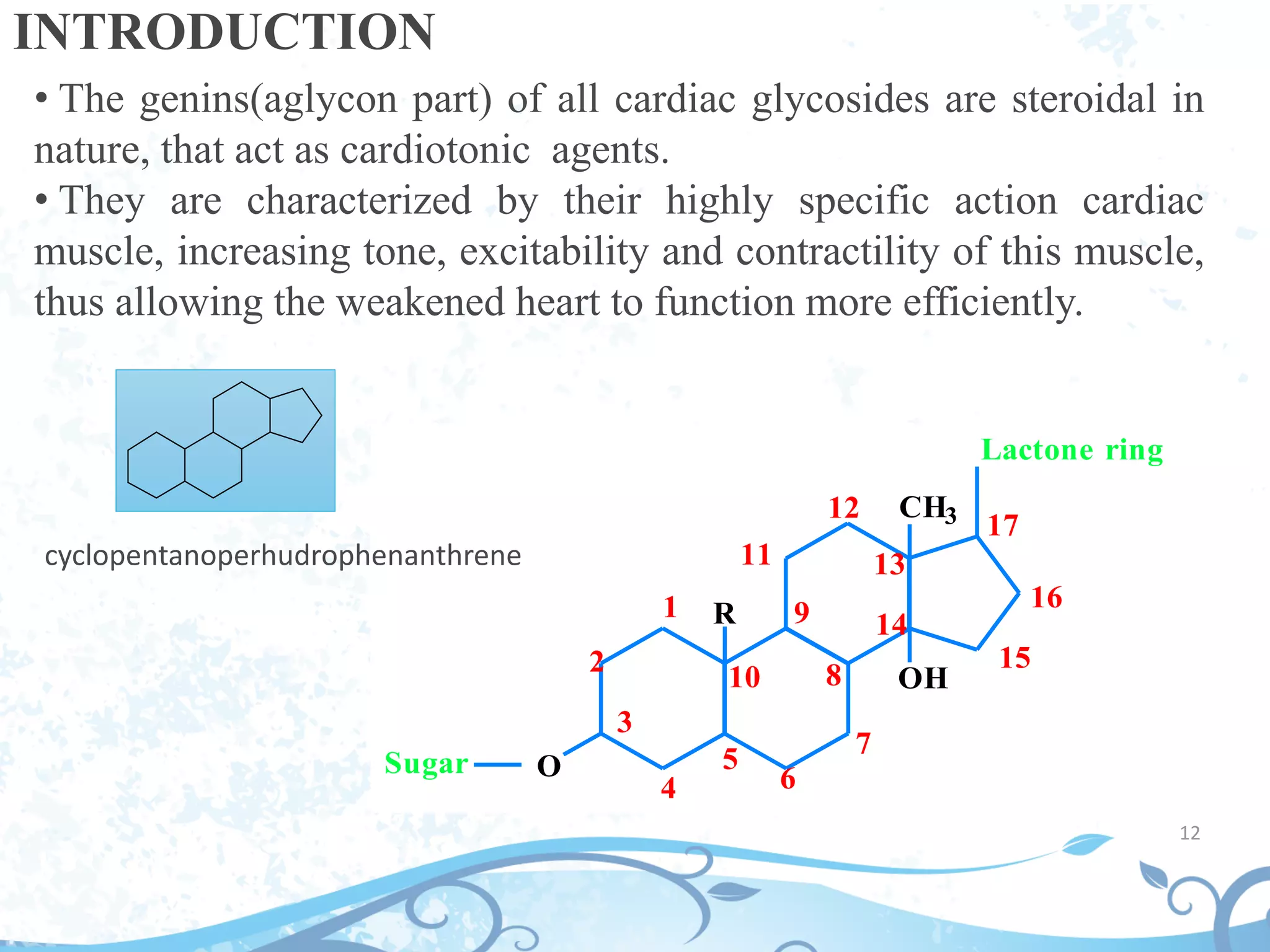 12
INTRODUCTION
• The genins(aglycon part) of all cardiac glycosides are steroidal in
nature, that act as cardiotonic agents.
• They are characterized by their highly specific action cardiac
muscle, increasing tone, excitability and contractility of this muscle,
thus allowing the weakened heart to function more efficiently.
O
R
OH
CH3
Sugar
Lactone ring
1
2
3
4
5
10
6
7
8
9
11
12
13
14
15
16
17
cyclopentanoperhudrophenanthrene
 