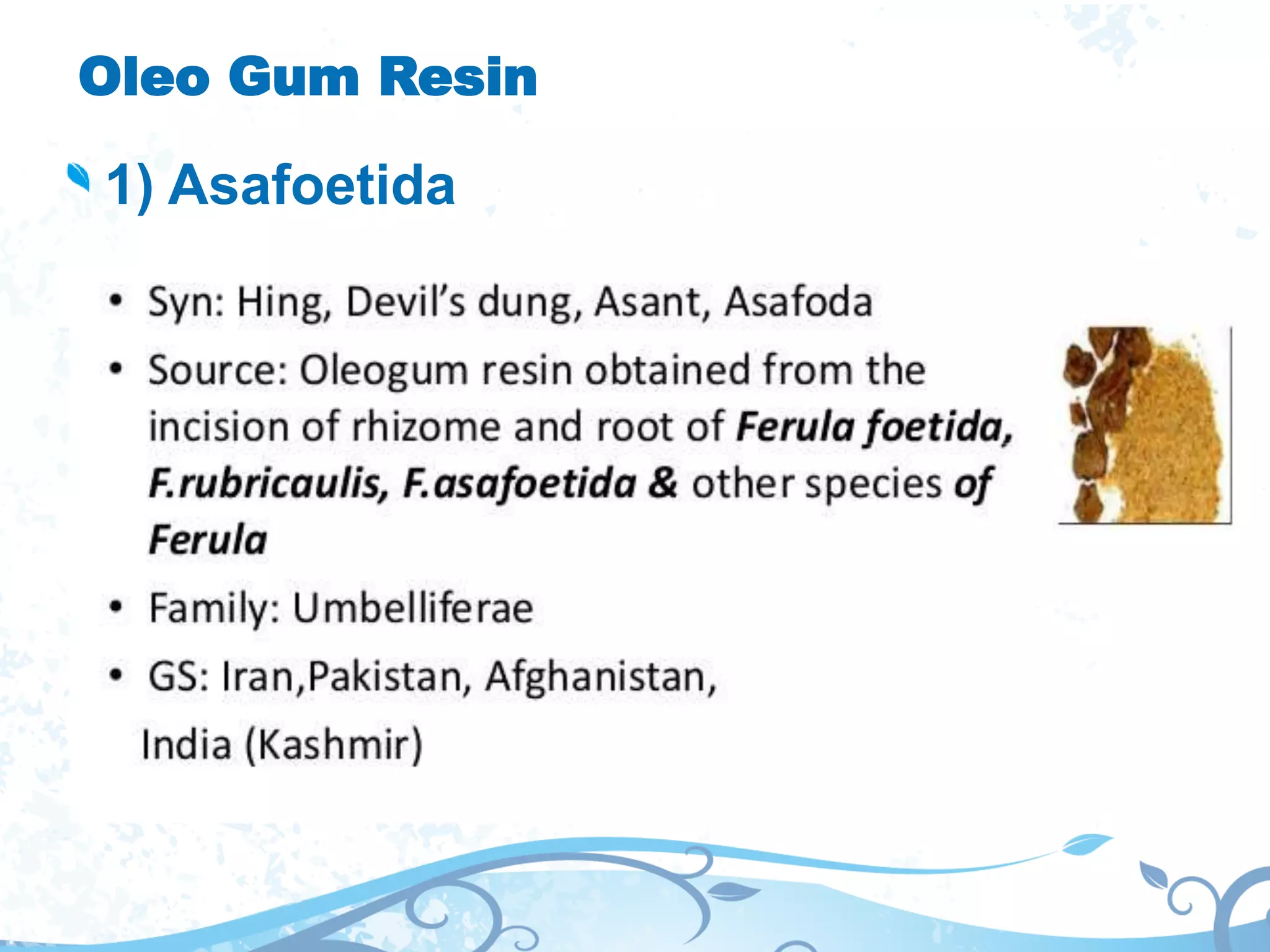 Oleo Gum Resin
1) Asafoetida
 