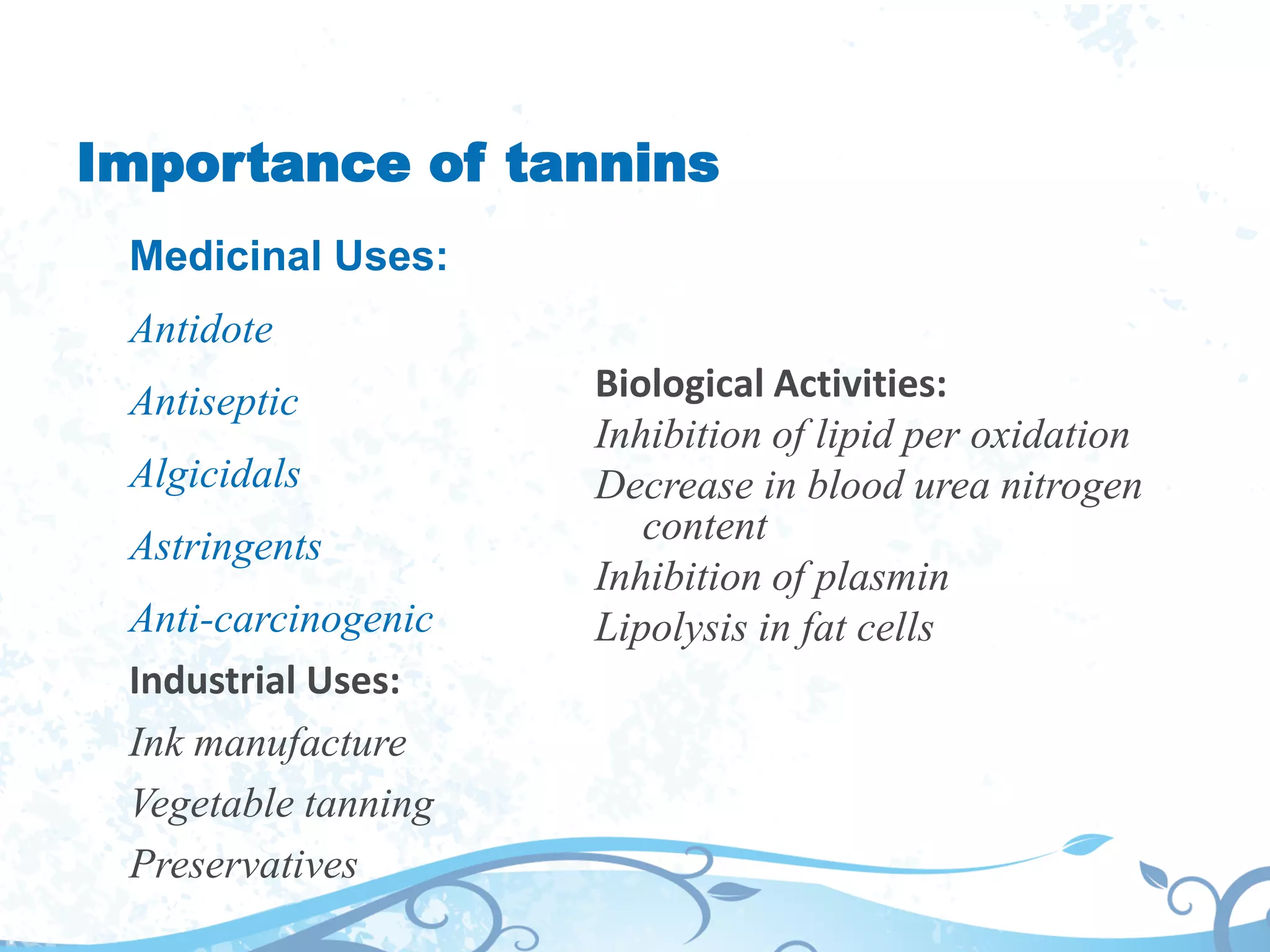 Importance of tannins
Medicinal Uses:
Antidote
Antiseptic
Algicidals
Astringents
Anti-carcinogenic
Industrial Uses:
Ink manufacture
Vegetable tanning
Preservatives
Biological Activities:
Inhibition of lipid per oxidation
Decrease in blood urea nitrogen
content
Inhibition of plasmin
Lipolysis in fat cells
 