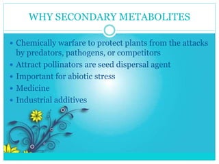 WHY SECONDARY METABOLITES
 Chemically warfare to protect plants from the attacks
by predators, pathogens, or competitors
 Attract pollinators are seed dispersal agent
 Important for abiotic stress
 Medicine
 Industrial additives
 