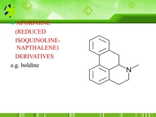  APORPHINE
(REDUCED
ISOQUINOLINE-
NAPTHALENE)
DERIVATIVES
e.g. boldine
 