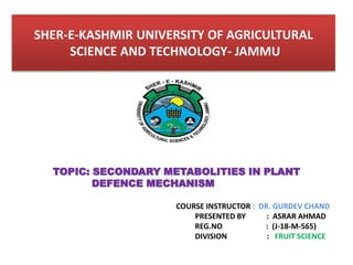 TOPIC: SECONDARY METABOLITIES IN PLANT
DEFENCE MECHANISM
COURSE INSTRUCTOR : DR. GURDEV CHAND
PRESENTED BY : ASRAR AHMAD
REG.NO : (J-18-M-565)
DIVISION : FRUIT SCIENCE
SHER-E-KASHMIR UNIVERSITY OF AGRICULTURAL
SCIENCE AND TECHNOLOGY- JAMMU
 