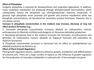 Effect of Phosphate:
Inorganic phosphate is essential for photosynthesis and respiration (glycolysis). In addition,
many secondary metabolites are produced through phosphorylated intermediates, which
subsequently release the phosphate e.g., phenylpropanoids, terpenes, terpenoids. In
general, high phosphate levels promote cell growth and primary metabolism while low
phosphate concentrations are beneficial for secondary product formation. However, this is
not always correct.
Increase in phosphate concentration in the medium may increase, decrease or may not
affect product formation e.g.:
1. Increased phosphate concentration increases alkaloid (in Catharanthus roseus),
anthraquinone (in Morinda citrifolia) and diosgenin (in Dioscorea deltoidea) production.
2. Decreased phosphate level in the medium increases the formation of anthocyanins and
phenolics (in Catharanthus roseus), alkaloids (in Peganum harmala) and solasodine (in
Solanum lanciatum).
3. Phosphate concentration (increase or decrease) has no effect on protoberberine (an
alkaloid) production by Berberis sp.
Effect of Plant Growth Regulators:
Plant growth regulators (auxins, cytokinins) influence growth, metabolism and differentiation
of cultured cells. There are a large number of reports on the influence of growth regulators
for the production of secondary metabolites in cultured cells. A few examples are given-
 