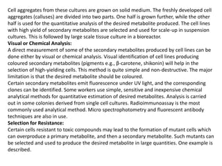 Cell aggregates from these cultures are grown on solid medium. The freshly developed cell
aggregates (calluses) are divided into two parts. One half is grown further, while the other
half is used for the quantitative analysis of the desired metabolite produced. The cell lines
with high yield of secondary metabolites are selected and used for scale-up in suspension
cultures. This is followed by large scale tissue culture in a bioreactor.
Visual or Chemical Analysis:
A direct measurement of some of the secondary metabolites produced by cell lines can be
done either by visual or chemical analysis. Visual identification of cell lines producing
coloured secondary metabolites (pigments e.g., β-carotene, shikonin) will help in the
selection of high-yielding cells. This method is quite simple and non-destructive. The major
limitation is that the desired metabolite should be coloured.
Certain secondary metabolites emit fluorescence under UV light, and the corresponding
clones can be identified. Some workers use simple, sensitive and inexpensive chemical
analytical methods for quantitative estimation of desired metabolites. Analysis is carried
out in some colonies derived from single cell cultures. Radioimmunoassay is the most
commonly used analytical method. Micro spectrophotometry and fluorescent antibody
techniques are also in use.
Selection for Resistance:
Certain cells resistant to toxic compounds may lead to the formation of mutant cells which
can overproduce a primary metabolite, and then a secondary metabolite. Such mutants can
be selected and used to produce the desired metabolite in large quantities. One example is
described.
 