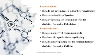 Proto alkaloids:
• They do not have nitrogen in their heterocyclic ring.
• They are derived from Tyrosine.
• They give positive test for common tests for
alkaloids. Examples: Ephedrine.
Pseudo alkaloids:
• They are not derived from amino acids
• They have nitrogen in a heterocyclic ring.
• They do not give positive test for common tests for
alkaloids. Examples: Caffeine
Mr. Vishal S Bagul, Assistant Professor., HRPIPER
 