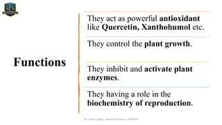 Functions
Mr. Vishal S Bagul, Assistant Professor., HRPIPER
They act as powerful antioxidant
like Quercetin, Xanthohumol etc.
They control the plant growth.
They inhibit and activate plant
enzymes.
They having a role in the
biochemistry of reproduction.
 