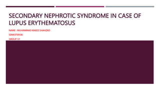 SECONDARY NEPHROTIC SYNDROME IN CASE OF
LUPUS ERYTHEMATOSUS
NAME : MUHAMMAD ANEES SHAHZAD
SEMESTER:06
GROUP: 01
 