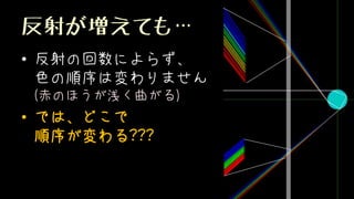 反射が増えても…
• 反射の回数によらず、
色の順序は変わりません
(赤のほうが浅く曲がる)
• では、どこで
順序が変わる???
 