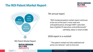 PATENT MARKET DATA
ACTIONABLE ANALYTICS
ROI Patent Market Report
$XB in
spending
8000
offerings
150K
patent
assets
7th annual report
“ROI’s brokered patent market report continues
to be one of the year’s most read and
anticipated pieces amongst IAM’s subscriber
base of global IP executives and professionals”
- Joff Wild, Editor in Chief of IAM
2018 report in a nutshell
“The patent market has fully stabilized and
prices are rational,” said no one ever.
The ROI Patent Market Report
(C) 2019 Richardson Oliver Insights LLC 11
 