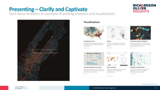 PATENT MARKET DATA
ACTIONABLE ANALYTICS
Presenting – Clarify and Captivate
Dark Horse Analytics an example of pushing analytics and visualizations
https://www.darkhorseanalytics.com/
(C) 2019 Richardson Oliver Insights LLC 32
 