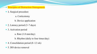  Principles of Distraction Osteogenesis
 1. Surgical procedure
a. Corticotomy
b. Device application
 2. Latency period (3–7 days)
 3. Activation period
a. Rate (1.0 mm/day)
b. Rhythm (daily to four times/day)
 4. Consolidation period (8–12 wk)
 5. DO device removal
 