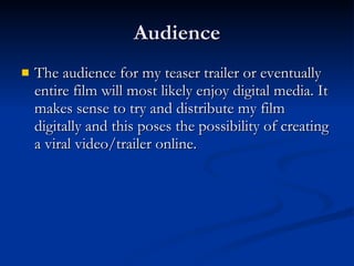 Planning of Research For my research I will be watching a number of teaser trailers and possibly some theatrical trailers. I will be looking for: Horror Sci-Fi Thriller Combinations of the above 