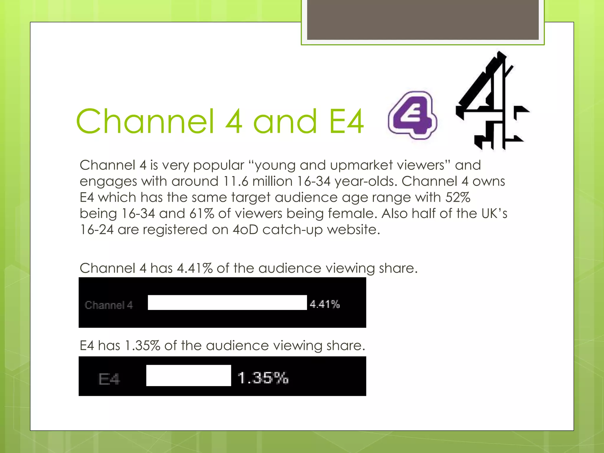 Channel 4 and E4 
Channel 4 is very popular “young and upmarket viewers” and 
engages with around 11.6 million 16-34 year-olds. Channel 4 owns 
E4 which has the same target audience age range with 52% 
being 16-34 and 61% of viewers being female. Also half of the UK’s 
16-24 are registered on 4oD catch-up website. 
Channel 4 has 4.41% of the audience viewing share. 
E4 has 1.35% of the audience viewing share. 
 