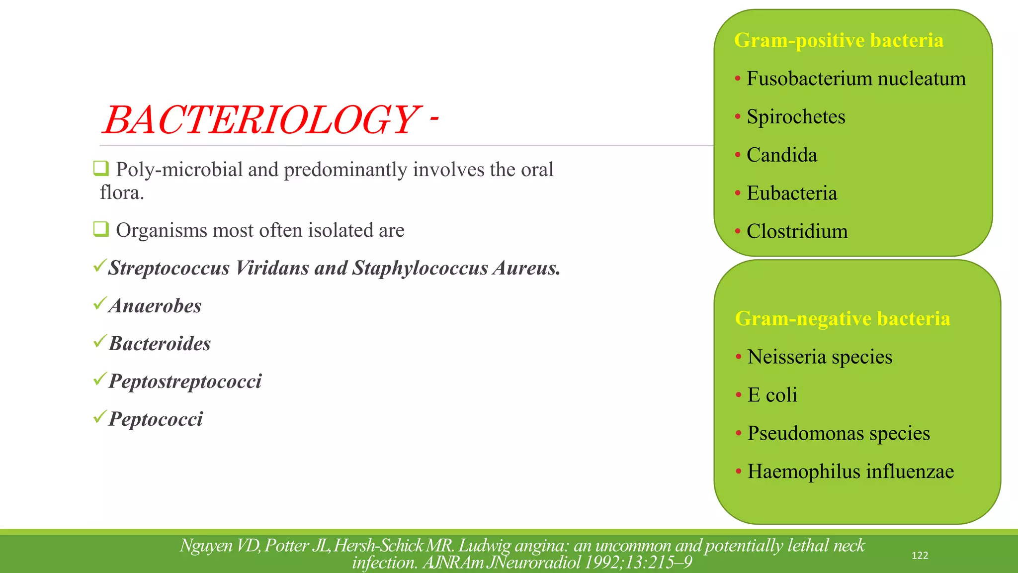 BACTERIOLOGY -
 Poly-microbial and predominantly involves the oral
flora.
 Organisms most often isolated are
Streptococcus Viridans and Staphylococcus Aureus.
Anaerobes
Bacteroides
Peptostreptococci
Peptococci
122
NguyenVD,Potter JL,Hersh-SchickMR.Ludwig angina: an uncommon and potentially lethal neck
infection. AJNRAmJNeuroradiol1992;13:215–9
Gram-positive bacteria
• Fusobacterium nucleatum
• Spirochetes
• Candida
• Eubacteria
• Clostridium
Gram-negative bacteria
• Neisseria species
• E coli
• Pseudomonas species
• Haemophilus influenzae
 