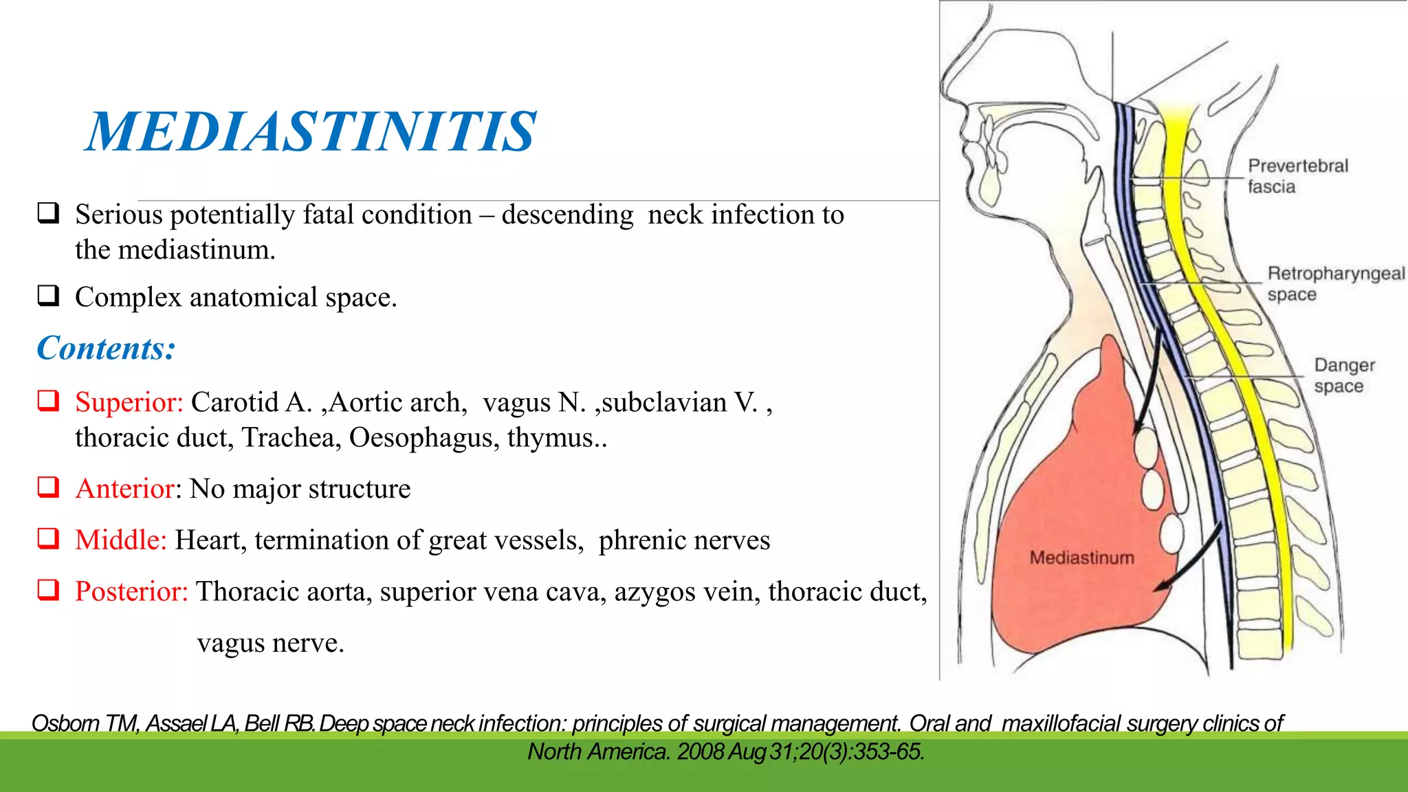MEDIASTINITIS
 Serious potentially fatal condition – descending neck infection to
the mediastinum.
 Complex anatomical space.
Contents:
 Superior: Carotid A. ,Aortic arch, vagus N. ,subclavian V. ,
thoracic duct, Trachea, Oesophagus, thymus..
 Anterior: No major structure
 Middle: Heart, termination of great vessels, phrenic nerves
 Posterior: Thoracic aorta, superior vena cava, azygos vein, thoracic duct,
vagus nerve.
Osborn TM, AssaelLA,Bell RB.Deepspaceneckinfection: principles of surgical management. Oral and maxillofacial surgery clinics of
North America. 2008Aug31;20(3):353-65.
 
