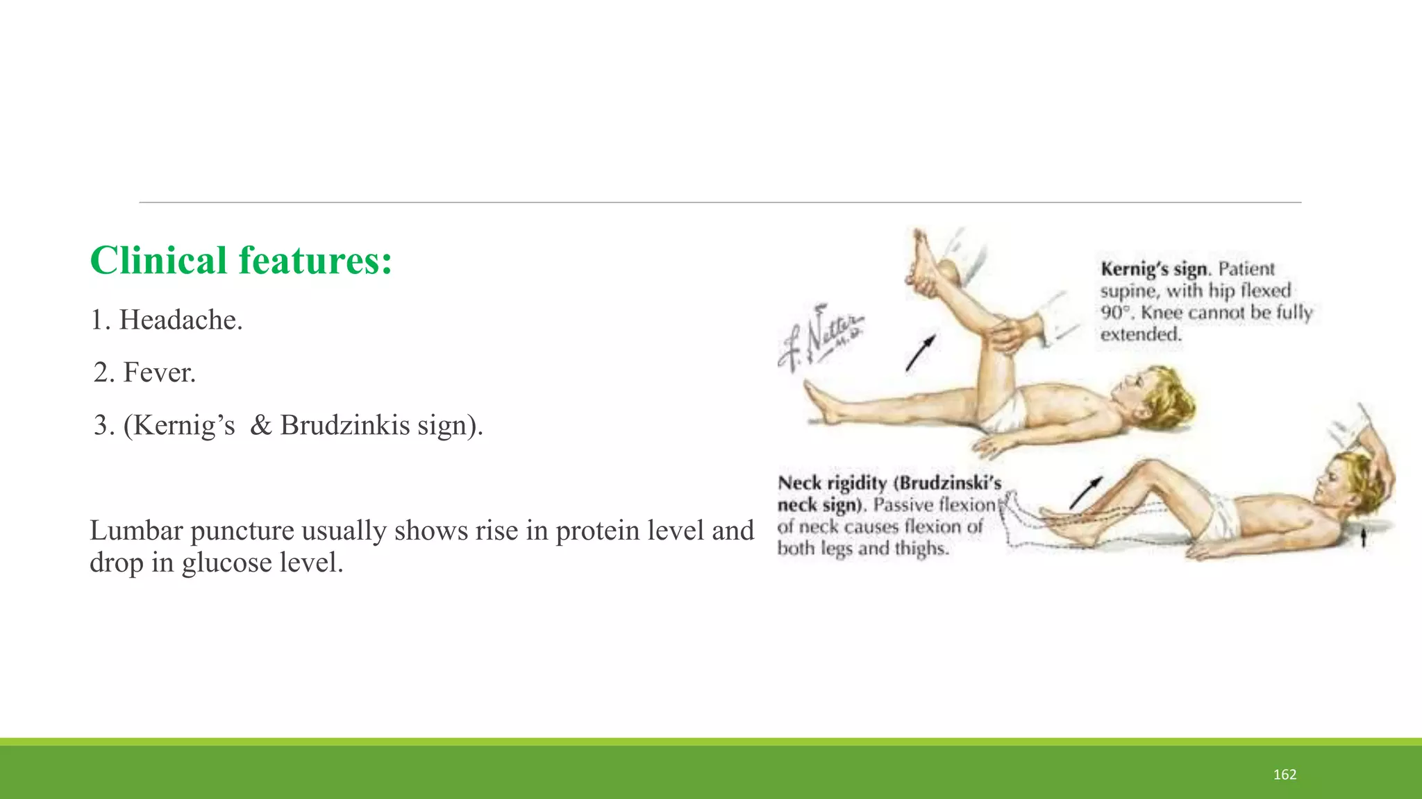 Clinical features:
1. Headache.
2. Fever.
3. (Kernig’s & Brudzinkis sign).
Lumbar puncture usually shows rise in protein level and
drop in glucose level.
162
 