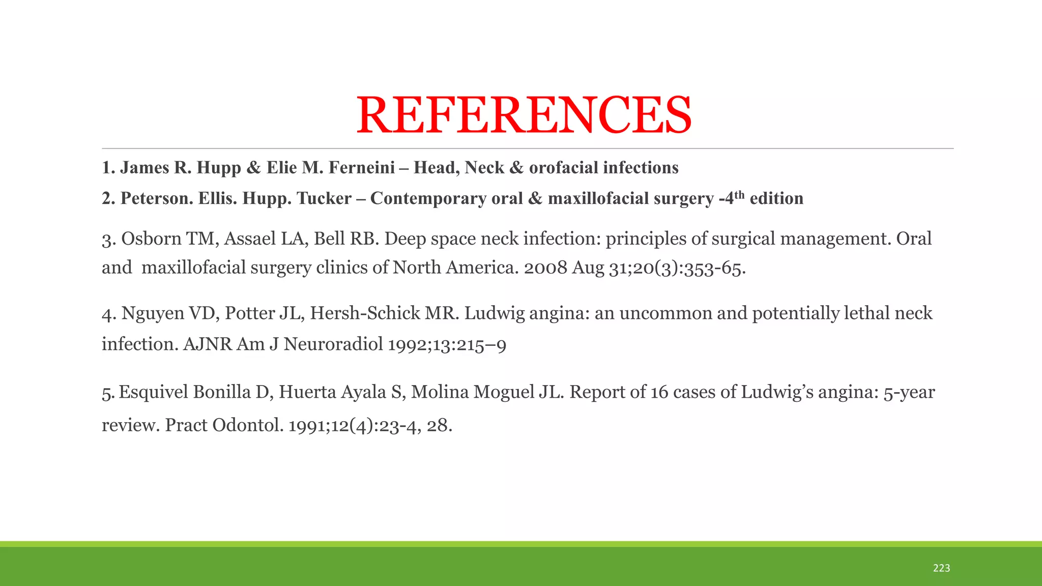 REFERENCES
1. James R. Hupp & Elie M. Ferneini – Head, Neck & orofacial infections
2. Peterson. Ellis. Hupp. Tucker – Contemporary oral & maxillofacial surgery -4th edition
3. Osborn TM, Assael LA, Bell RB. Deep space neck infection: principles of surgical management. Oral
and maxillofacial surgery clinics of North America. 2008 Aug 31;20(3):353-65.
4. Nguyen VD, Potter JL, Hersh-Schick MR. Ludwig angina: an uncommon and potentially lethal neck
infection. AJNR Am J Neuroradiol 1992;13:215–9
5. Esquivel Bonilla D, Huerta Ayala S, Molina Moguel JL. Report of 16 cases of Ludwig’s angina: 5-year
review. Pract Odontol. 1991;12(4):23-4, 28.
223
 