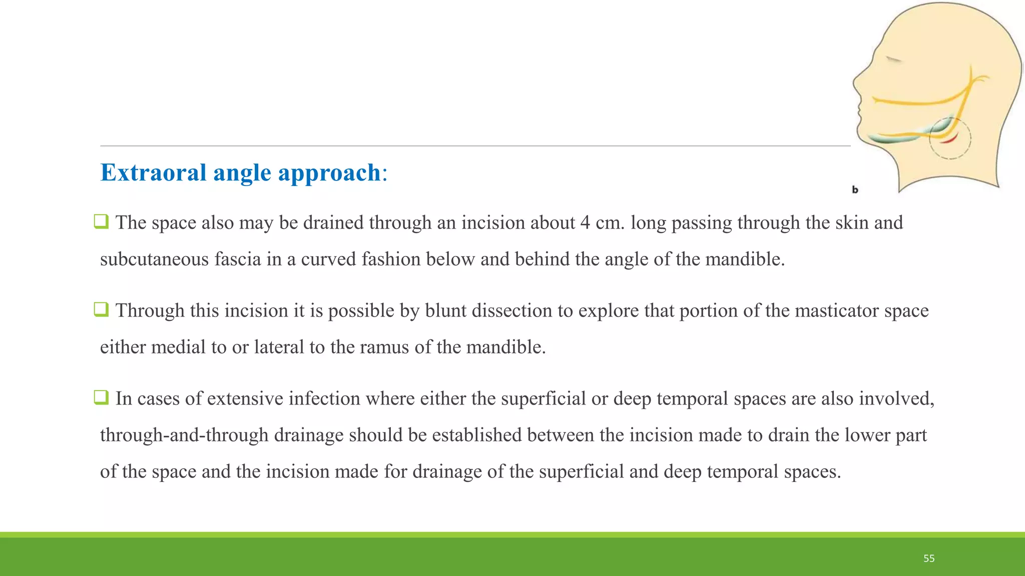 Extraoral angle approach:
 The space also may be drained through an incision about 4 cm. long passing through the skin and
subcutaneous fascia in a curved fashion below and behind the angle of the mandible.
 Through this incision it is possible by blunt dissection to explore that portion of the masticator space
either medial to or lateral to the ramus of the mandible.
 In cases of extensive infection where either the superficial or deep temporal spaces are also involved,
through-and-through drainage should be established between the incision made to drain the lower part
of the space and the incision made for drainage of the superficial and deep temporal spaces.
55
 