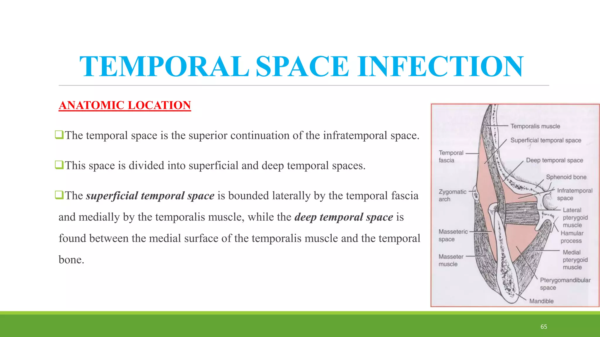 TEMPORAL SPACE INFECTION
ANATOMIC LOCATION
The temporal space is the superior continuation of the infratemporal space.
This space is divided into superficial and deep temporal spaces.
The superficial temporal space is bounded laterally by the temporal fascia
and medially by the temporalis muscle, while the deep temporal space is
found between the medial surface of the temporalis muscle and the temporal
bone.
65
 