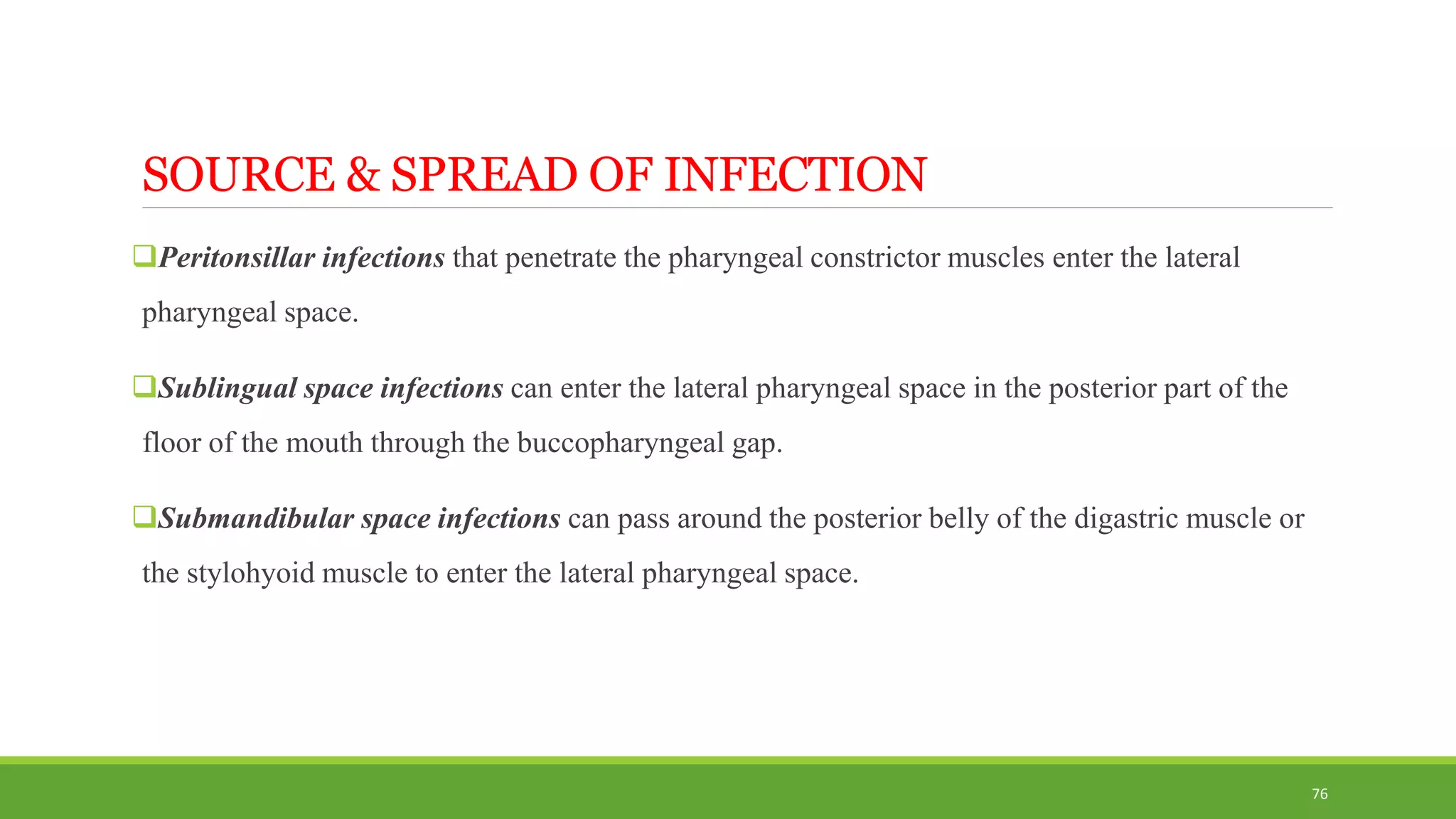 SOURCE & SPREAD OF INFECTION
76
Peritonsillar infections that penetrate the pharyngeal constrictor muscles enter the lateral
pharyngeal space.
Sublingual space infections can enter the lateral pharyngeal space in the posterior part of the
floor of the mouth through the buccopharyngeal gap.
Submandibular space infections can pass around the posterior belly of the digastric muscle or
the stylohyoid muscle to enter the lateral pharyngeal space.
 