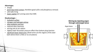 Advantages-
• Simple
• good slag-metal contact, therefore good sulfur and phosphorus removal
• safe ladle lining
• lower capital and running costs than EMS
Disadvantages –
• turbulent surface
• nitrogen and hydrogen pickup
• alloy oxidation and loss
• reduced alloy cleanness
• stirring only at stir station
• slightly lower ferrostatic pressure effect than bottom plug injection
• significant basal 'dead zone' (dead-zones are the regions of the steel
bath where there is little or no circulation)
 