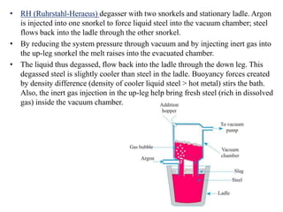 • RH (Ruhrstahl-Heraeus) degasser with two snorkels and stationary ladle. Argon
is injected into one snorkel to force liquid steel into the vacuum chamber; steel
flows back into the ladle through the other snorkel.
• By reducing the system pressure through vacuum and by injecting inert gas into
the up-leg snorkel the melt raises into the evacuated chamber.
• The liquid thus degassed, flow back into the ladle through the down leg. This
degassed steel is slightly cooler than steel in the ladle. Buoyancy forces created
by density difference (density of cooler liquid steel > hot metal) stirs the bath.
Also, the inert gas injection in the up-leg help bring fresh steel (rich in dissolved
gas) inside the vacuum chamber.
 
