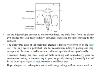 • As the injected gas escapes to the surroundings, the bulk flow from the plume
eye pushes the slag layer radially outwards, exposing the melt surface to the
ambient.
• The uncovered area of the melt thus created is typically referred to as the slag
eye. The slag eye is a potential site for reoxidation, nitrogen pickup and slag
entrapment phenomena and hence can influence quality of steel profoundly.
• Therefore, during the final stage of ladle refining and immediately prior to
continuous casting, it is customary to practice gentle stirring (commonly termed
in the industry as argon rising) to ensure a small eye area.
• Depending on the end requirements a wide range of argon flow rates is used in
 