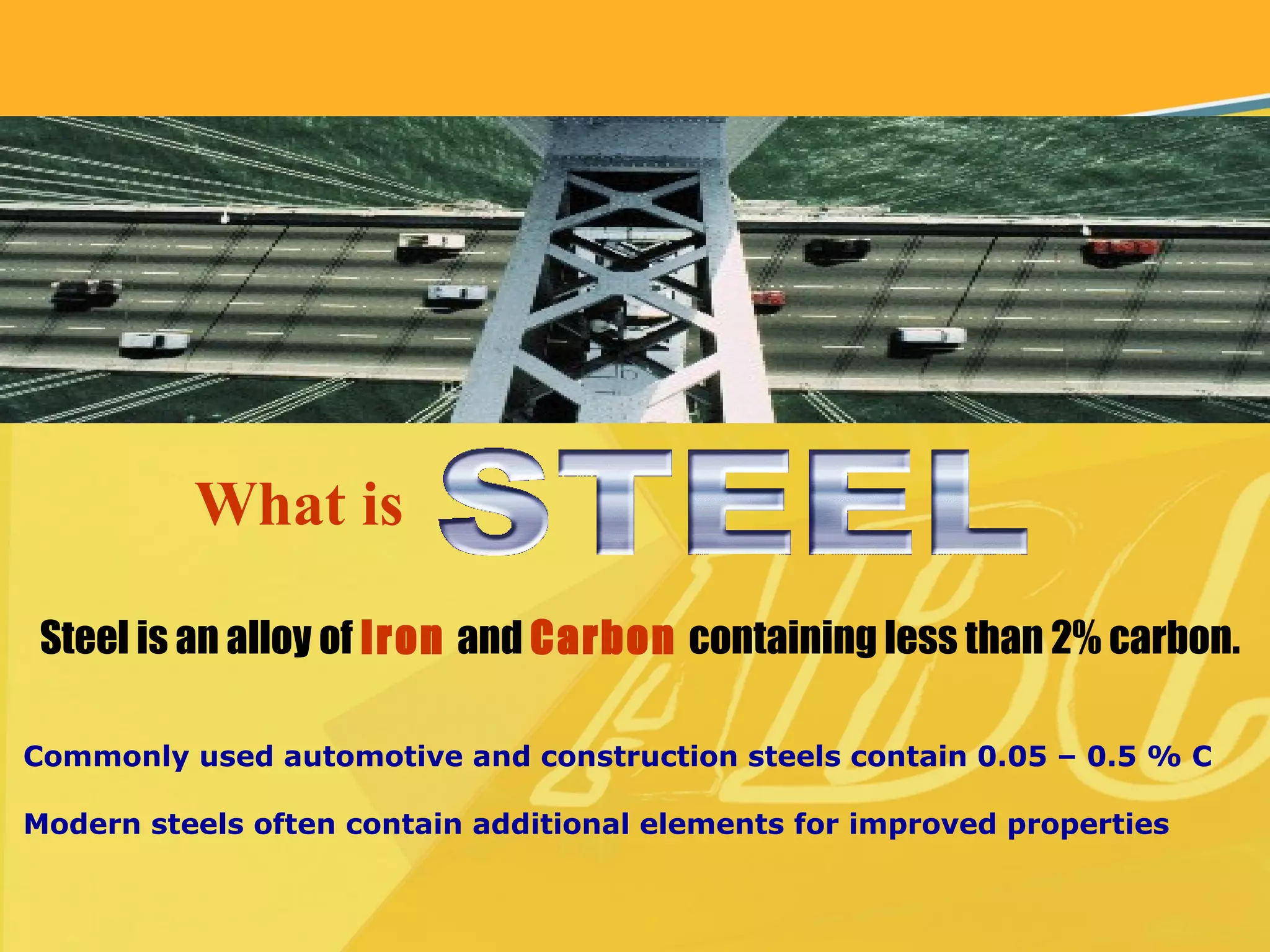 What is
Steel is an alloy of Iron and Carbon containing less than 2% carbon.
Commonly used automotive and construction steels contain 0.05 – 0.5 % C
Modern steels often contain additional elements for improved properties
 