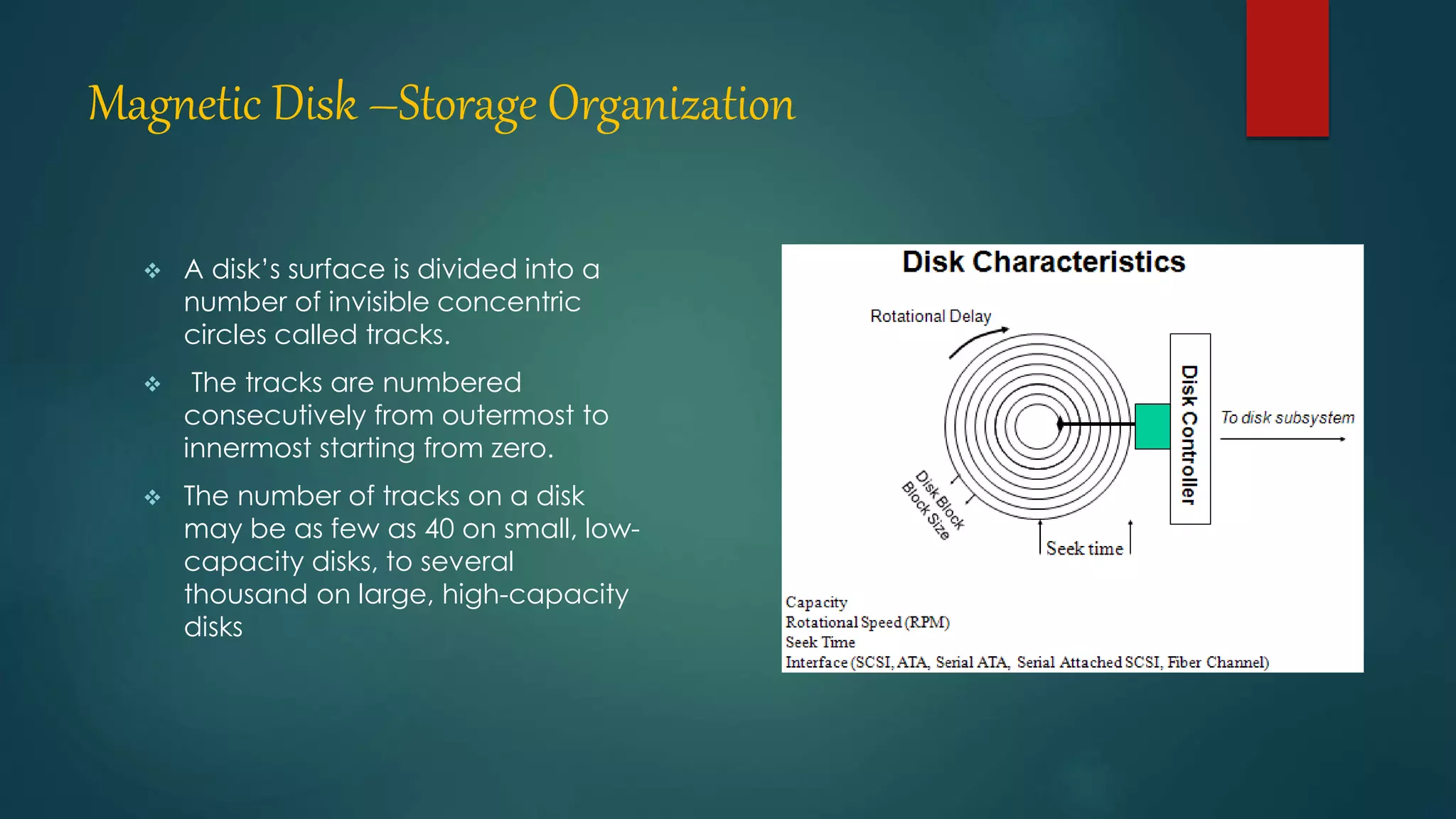 Magnetic Disk –Storage Organization 
 A disk’s surface is divided into a 
number of invisible concentric 
circles called tracks. 
 The tracks are numbered 
consecutively from outermost to 
innermost starting from zero. 
 The number of tracks on a disk 
may be as few as 40 on small, low-capacity 
disks, to several 
thousand on large, high-capacity 
disks 
 