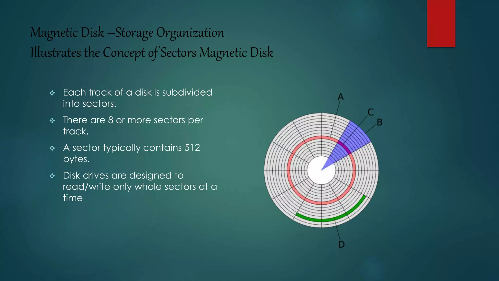 Magnetic Disk –Storage Organization 
Illustrates the Concept of Sectors Magnetic Disk 
 Each track of a disk is subdivided 
into sectors. 
 There are 8 or more sectors per 
track. 
 A sector typically contains 512 
bytes. 
 Disk drives are designed to 
read/write only whole sectors at a 
time 
 