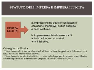 STATUTO DELL’IMPRESA E IMPRESA ILLECITA
21
a. impresa che ha oggetto contrastante
con norme imperative, ordine pubblico
o buon costume.
b. impresa esercitata in assenza di
autorizzazioni o concessioni
amministrative.
Conseguenza illiceità:
Si applicano solo le norme sfavorevoli all’imprenditore (soggezione a fallimento, ecc.)
senza assicurare protezione all’impresa.
Si applicano le sanzioni interdittive previste dalla legge per le imprese la cui illiceità
determina particolare allarme sociale (imprese «mafiose», «terroriste», ecc.)
IMPRESA
ILLECITA
 
