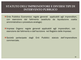 Ente Pubblico Economico: regole generali applicabili agli imprenditori,
con esenzione dal fallimento (sostituito da liquidazione coatta
amministrativa o procedura analoga);
Imprese Organo: regole generali applicabili agli imprenditori, con
esenzione dal fallimento e dall’iscrizione nel Registro delle Imprese;
Società partecipate dagli Enti Pubblici: statuto dell’imprenditore
commerciale.
STATUTO DELL’IMPRENDITORE E DIVERSI TIPI DI
INTERVENTO PUBBLICO
32
 