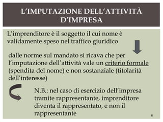 L’IMPUTAZIONE DELL’ATTIVITÀ
D’IMPRESA
6
L’imprenditore è il soggetto il cui nome è
validamente speso nel traffico giuridico
dalle norme sul mandato si ricava che per
l’imputazione dell’attività vale un criterio formale
(spendita del nome) e non sostanziale (titolarità
dell’interesse)
N.B.: nel caso di esercizio dell’impresa
tramite rappresentante, imprenditore
diventa il rappresentato, e non il
rappresentante
 