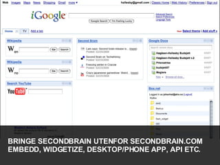 BRINGE SECONDBRAIN UTENFOR SECONDBRAIN.COM EMBEDD, WIDGETIZE, DESKTOP/PHONE APP, API ETC. 