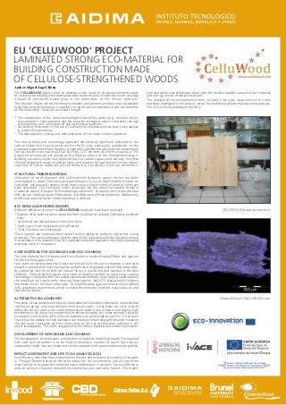 EU 'CELLUWOOD' PROJECT
LAMINATED STRONG ECO-MATERIAL FOR
BUILDING CONSTRUCTION MADE
OF CELLULOSE-STRENGTHENED WOODS
Author: Miguel Ángel Abián
The CELLUWOOD project aims to develop a new range of structural elements made
of wood by introducing innovative production elements and includes the use of cellulose
instead of petroleum-based glue in the lamination of the timber products.
The 'physical' results will be the strong eco-beams and columns and their most sustainable
manufacturing technologies, in addition to significant environmental and cost benefits
of the innovation. These are achieved through:

to manufacture cost-effective products with the smallest possible amount of raw materials
and energy, and to minimize emissions.
The analysis of the environmental term includes a life cycle assessment of the new
materials developed in the project, versus the traditional glulam manufacturing process.
This LCA is being developed currently.
Miguel Angel Abian

* The introduction of the (new) technologies from other sectors (e.g. cellulose velvet,
bio-composite reinforcement and bio-resin) for innovative uses in the defect removal
and repairing, and lamination of strong building materials.
* Facilitating innovation in the use of nano/micro cellulose and bio-resin technologies
in timber re-engineering.
* The development, testing and demonstration of the novel initiative products.
This new product and technology approach would bring significant reduction in the
carbon footprint of construction within the EU and, eventually, worldwide, as the
proposed engineered timber became a viable and cost-effective substitute for conventional
strong construction materials that are high CO2 emitters during manufacture. The
proposed technology will anticipate the massive reduce of the embodied energy in
building carcasses, create new opportunities for carbon capture and storage, minimise
thermal bridging through insulation layers and improve the possibilities for low-impact
recycling of waste materials arising following a building's eventual demolition.
STRUCTURAL TIMBER BOARDING
Utilization of small diameter and underutilized European grown timber has been
investigated in detail. Processes and performance in use of small diameter wood on
European, national and regional levels from a practical and technical point of view have
been described. The tree types under discussion for the project are sweet chestnut
(Castanea sativa), Douglas fir (Pseudotsuga menziesii), European larch (Larix decidua
Mill), spruce, Norway spruce (Picea abies), and Sitka spruce (Picea sitchensis). Additionally,
preliminary processing for timber boarding is defined.
BIO- RESIN AND REINFORCEMENTS
Different adhesion systems for CELLUWOOD materials have been analyzed:
* Systems of condensed tannin extracted from Quebracho Colorado (Schinopsis Lorentzii)
trees.
* Systems of condensed tannin from pine trees.
* Kraft Lignin from hardwood and softwood.
* CNSL (Cashew nut shell liquid).
These natural raw materials were tested for their ability to perform cold or hot curing
processes. The various adhesion systems were firstly evaluated with the lap shear testing
in accordance with relevant EN or ISO standards and then applied to the timber boarding
materials used in this project.

CELLUWOOD beam production.

CORE MATERIAL FOR ECO-BEAMS AND ECO-COLUMNS
The core material for Eco-beams and Eco-columns is made of natural fibres and gypsum
for the building application.
Four parts of complicated work were carried out with the aim to develop a new light
weight in parallel with high mechanical performance of gypsum/natural fibre composite.
By compared with three kinds of natural fibres, it was found that sawdust is the best
selection. Three chemical agents were used to modify sawdust by using spray coating
technology. Compared with the traditional immerse method, spray coating could improve
the modification significantly. Among these agents, Na2SiO3 displayed the highest
improvement on the final composite. The hemihydrate gypsum binder was modified
with systematic experiments which included the extender, retarder, water reducer, and
reinforce material.
ALTERNATIVE BIO-ADHESIVES
Two kinds of nanocellulose reinforced wood adhesives have been fabricated: nanocellulose
reinforced epoxy and nanocellulose reinforced casein. It has been found that both
adhesives can be used in the room temperature under a low pressure and display high
performance. By using the nanocellulose reinforced epoxy, the shear strength could be
increased by more than 40% when the addition of nanocellulose was 5%. It has been
found that the addition of nanocellulose can improve the bonding performance. However
the low water resistance and the shear strain of the natural polymers adhesive is still
under investigation. The resins are applied to the defect repairing and lumber lamination.
DEVELOPMENT OF NEW BEAMS AND COLUMNS
The development of new beams and columns is based on modelling results. The repaired
and scarf jointed lumber is to be used to develop a number of novel, low carbon,
sustainable, viable, low cost beam and column products with good environmental profiles.
IMPACT ASSESSMENT AND LIFE CYCLE ANALYSIS (LCA)
Eco-efficiency describes how environmental friendly and economical a product or process
is. Through determination of the total impact on the environment and all costs from
manufacture to disposal the complete value-added chain is covered. The eco-efficiency
aims to achieve a balance between environmental and economic factors. This means

Nanocellulose CELLUWOOD core.

 