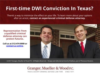 © 2017 Granger, Mueller & Wood P.C. All Rights Reserved. Design and editorialservices by FindLaw, part of Thomson Reuters.
First-time DWI Conviction In Texas?
There’s a way to minimize the effect on your life. To learn more about your options
after an arrest, contact an experienced criminal defense attorney.
Representation from
a qualified criminal
defense attorney can
protect futures.
Call us at 512-474-9999 or
contact us online.