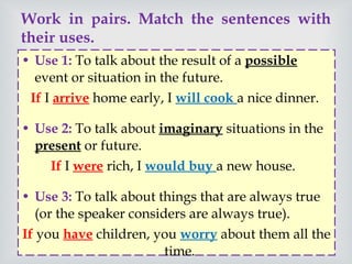 Work in pairs. Match the sentences with their uses.  Use 1:  To talk about the result of a  possible  event or situation in the future.  If  I  arrive  home early, I  will cook  a nice dinner.  Use 2:   To talk about  imaginary  situations in the  present  or future.  If  I  were  rich, I  would buy  a new house.  Use 3:  To talk about things that are always true (or the speaker considers are always true).  If  you  have  children, you  worry  about them all the time.  