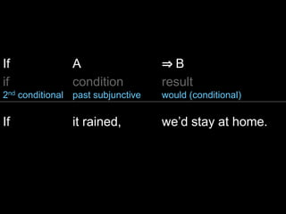 If A ⇒ B
if
2nd conditional
condition
past subjunctive
result
would (conditional)
If it rained, we’d stay at home.
 