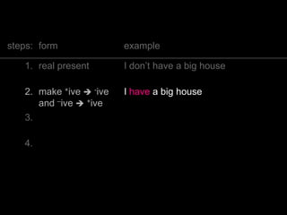 steps: form example
1. real present I don’t have a big house
2. make +ive  -ive
and –ive  +ive
I have a big house
3. Go 1 tense back I had a big house
4. Add context If I had a big house, I’d give…
 
