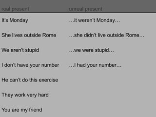 real present unreal present
It’s Monday …it weren’t Monday…
She lives outside Rome …she didn’t live outside Rome…
We aren’t stupid …we were stupid…
I don’t have your number …I had your number…
He can’t do this exercise
They work very hard
You are my friend
 