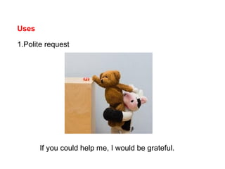 Uses
1.Polite request
If you could help me, I would be grateful.