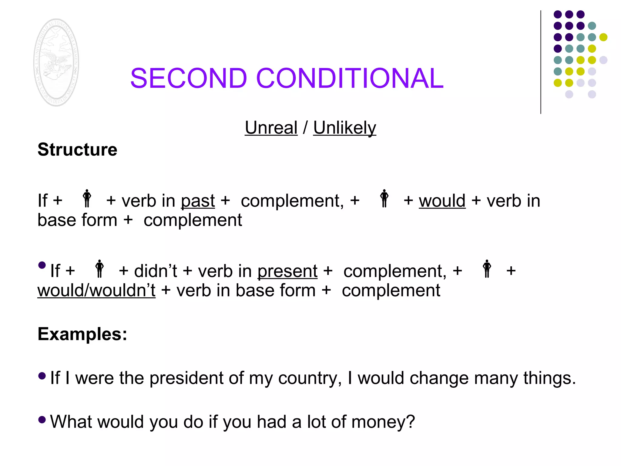 SECOND CONDITIONAL
Unreal / Unlikely
Structure
If +  + verb in past + complement, +
base form + complement

 + would + verb in

If +  + didn’t + verb in present + complement, +
would/wouldn’t + verb in base form + complement


+

Examples:
If

I were the president of my country, I would change many things.

What

would you do if you had a lot of money?

 