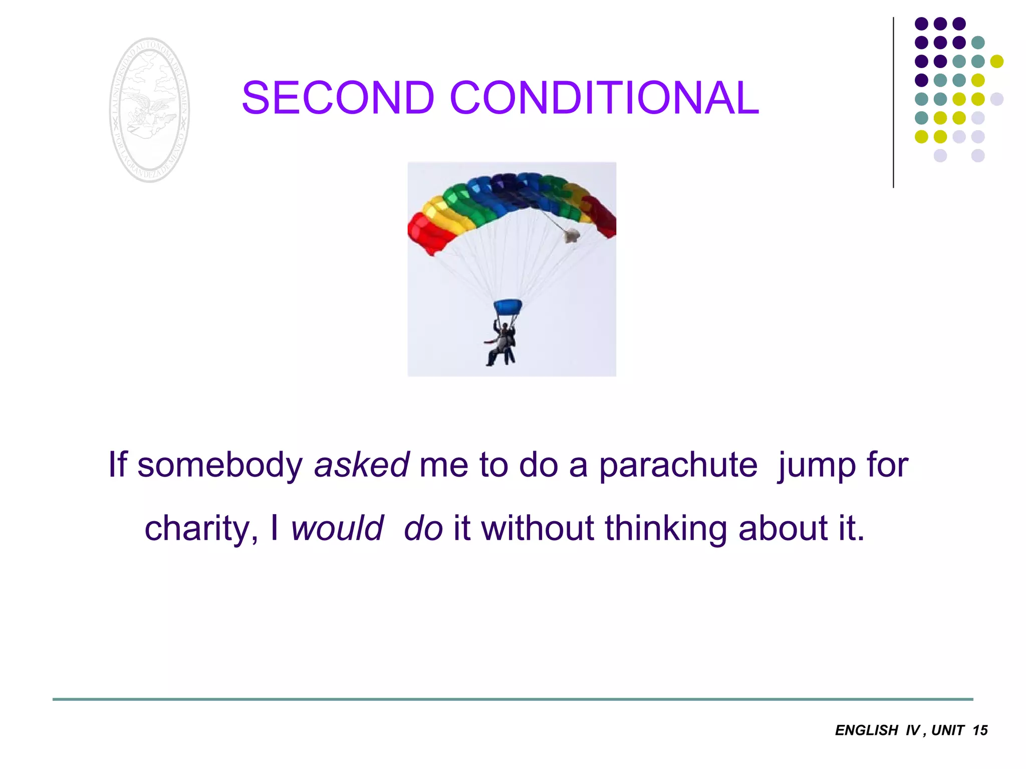 SECOND CONDITIONAL

If somebody asked me to do a parachute jump for
charity, I would do it without thinking about it.

ENGLISH IV , UNIT 15

 