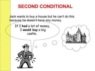 Jack wants to buy a house but he can’t do this
because he doesn’t have any money.
If I had a lot of money,
I would buy a big
castle.
SECOND CONDITIONAL
 