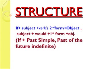STRUCTURESTRUCTURE
If+ subject +verb’s 2nd
form+Object ,
subject + would +1st
form +obj.
(If + Past Simple, Past of the
future indefinite)
 