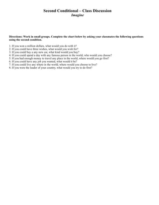 Second Conditional – Class Discussion
Imagine
Directions: Work in small groups. Complete the chart below by asking your classmates the following questions
using the second condition.
1. If you won a million dollars, what would you do with it?
2. If you could have three wishes, what would you wish for?
3. If you could buy a any new car, what kind would you buy?
4. If you could spend a day with any famous person in the world, who would you choose?
5. If you had enough money to travel any place in the world, where would you go first?
6. If you could have any job you wanted, what would it be?
7. If you could live any where in the world, where would you choose to live?
8. If you were the leader of your country, what would you try to do first?
 