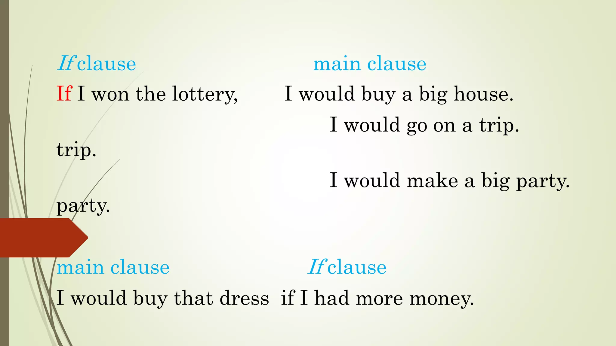 If clause main clause
If I won the lottery, I would buy a big house.
I would go on a trip.
trip.
I would make a big party.
party.
main clause If clause
I would buy that dress if I had more money.