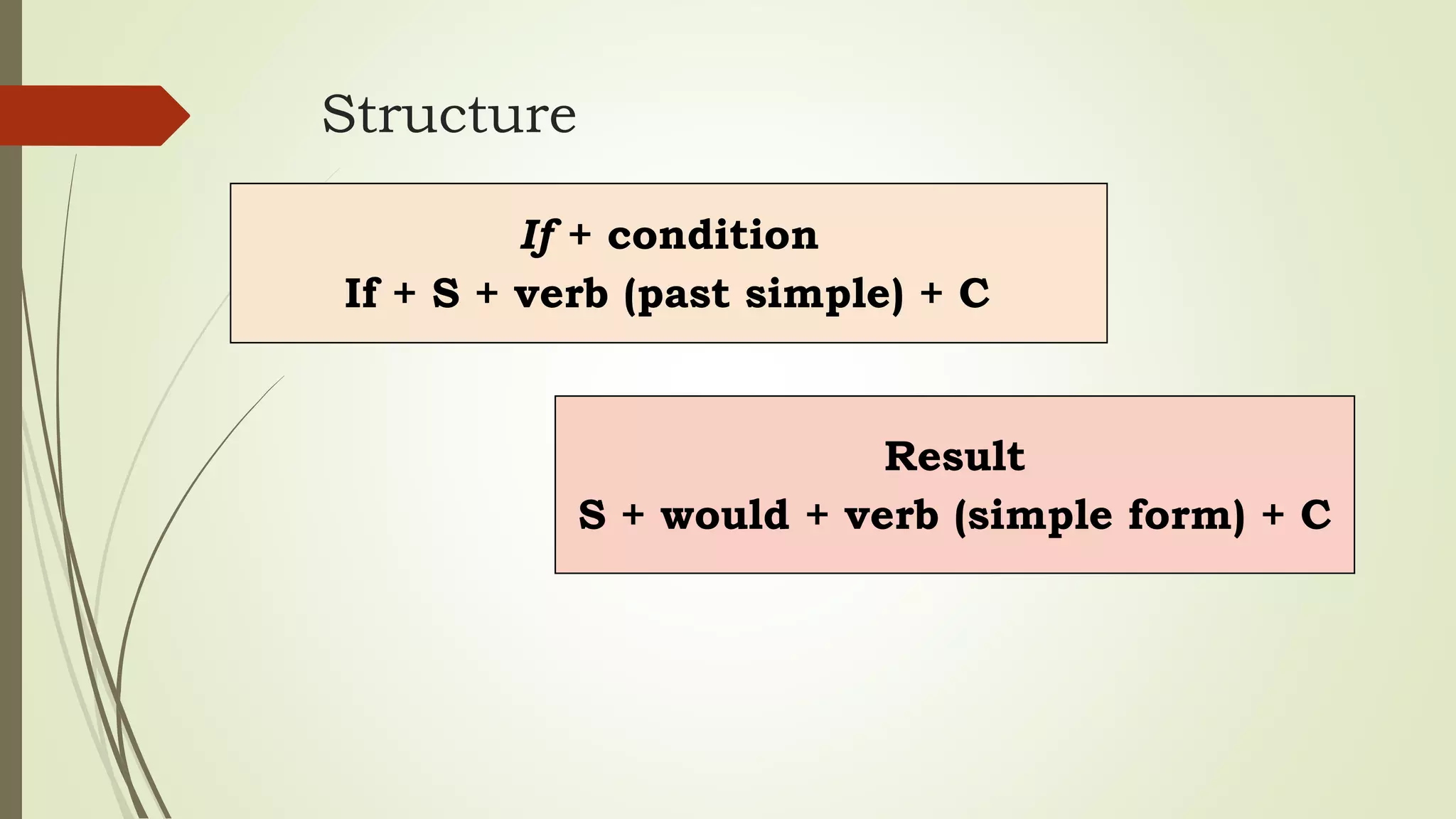 Structure
If + condition
If + S + verb (past simple) + C
Result
S + would + verb (simple form) + C