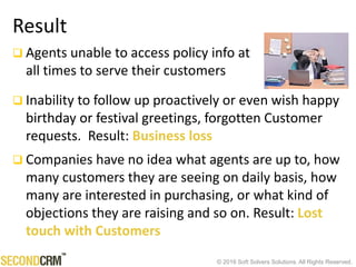 © 2016 Soft Solvers Solutions. All Rights Reserved.
Result
 Agents unable to access policy info at
all times to serve their customers
 Inability to follow up proactively or even wish happy
birthday or festival greetings, forgotten Customer
requests. Result: Business loss
 Companies have no idea what agents are up to, how
many customers they are seeing on daily basis, how
many are interested in purchasing, or what kind of
objections they are raising and so on. Result: Lost
touch with Customers
 