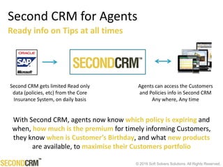 © 2016 Soft Solvers Solutions. All Rights Reserved.
Second CRM for Agents
Second CRM gets limited Read only
data (policies, etc) from the Core
Insurance System, on daily basis
Agents can access the Customers
and Policies info in Second CRM
Any where, Any time
Ready info on Tips at all times
With Second CRM, agents now know which policy is expiring and
when, how much is the premium for timely informing Customers,
they know when is Customer’s Birthday, and what new products
are available, to maximise their Customers portfolio
 